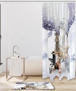 Bear Fox Penguin Animal Shower Curtain with Winter Forest Print for Bathroom