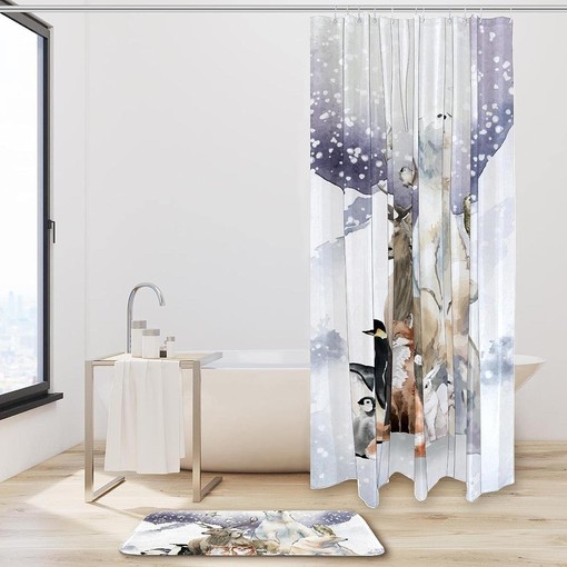 Bear Fox Penguin Animal Shower Curtain with Winter Forest Print for Bathroom