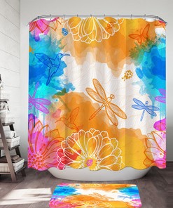 Beautiful Dragonflies and Hummingbirds Shower Curtain with Orange and Blue Prints for Bathroom Decoration 