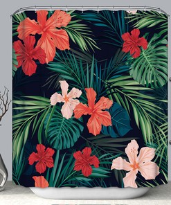 Beautiful Red Green Black Floral Hawaiian- Shower curtain for Bathroom