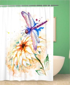 Beautiful Watercolor Flying Violet Dragonfly and Lily Blue Greeting Waterproof Bathroom Decor Shower Curtain