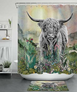 Beautiful Watercolor Mountains Highland Cow Wildflowers Shower Curtain for Your Bathroom 