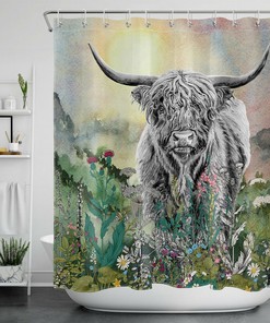 Beautiful Watercolor Mountains Highland Cow Wildflowers Shower Curtain for Your Bathroom