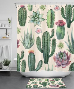Beige Shower Curtain with Western Succulent Plant Cactus Design for Bathroom Decor