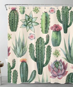 Beige Shower Curtain with Western Succulent Plant Cactus Design for Bathroom Decor