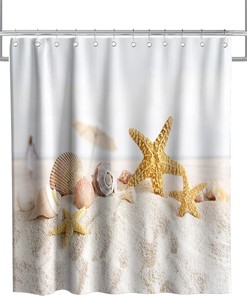 Beige Starfish Seashell Shower Curtain - Beach Ocean Theme Fabric Bathroom Decor with Waterproof Fabric
