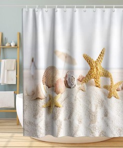 Beige Starfish Seashell Shower Curtain - Beach Ocean Theme Fabric Bathroom Decor with Waterproof Fabric
