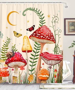 Beige and Red Floral Mushroom Shower Curtain - Aesthetic Print on Waterproof Fabric for Bathroom Plant Decor