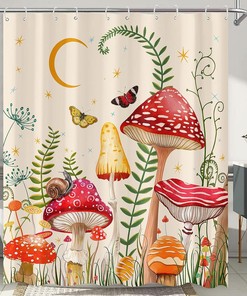 Beige and Red Floral Mushroom Shower Curtain - Aesthetic Print on Waterproof Fabric for Bathroom Plant Decor