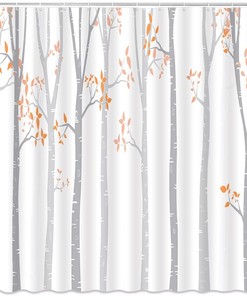 Birch Forest Shower Curtain - Abstract Vintage Design with Orange Leaves, Grey Rustic Farmhouse Bathroom Decor