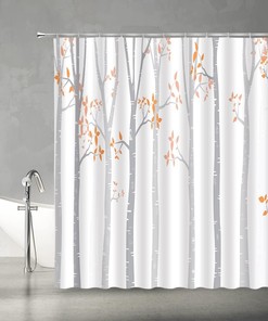 Birch Forest Shower Curtain - Abstract Vintage Design with Orange Leaves, Grey Rustic Farmhouse Bathroom Decor