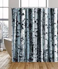 Birch Tree Forest Shower Curtain Blue Abstract Trunk Bathroom Decor