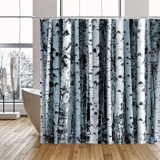 Birch Tree Forest Shower Curtain Blue Abstract Trunk Bathroom Decor