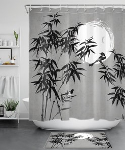 Bird Black Bamboo Japanese Shower Curtain - Watercolor Bathroom Accessories - Home and Bathroom Decor