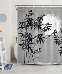 Bird Black Bamboo Japanese Shower Curtain - Watercolor Bathroom Accessories - Home and Bathroom Decor