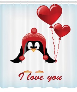 Birthday Balloons Penguin I Love You Shower Curtain for a Playful Valentine's Day Bathroom - Home Decor