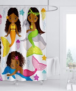 Black Mermaid Shower Curtain with Cute Cartoon Dolphin and Seelowe Designs for Girls Bathroom Decor, Waterproof Fabric