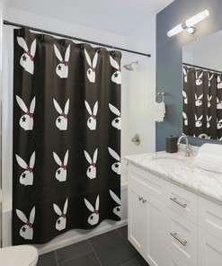 Black and Pink Rabbit Shower Curtain - Girls Bathroom Decor
