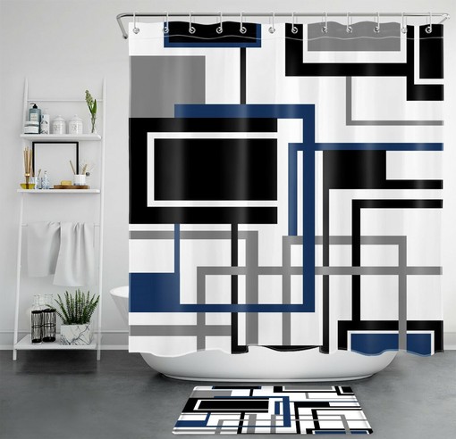 Black and White Geometric Shower Curtain - Stripe Art Fabric Curtain for Bathroom Decor