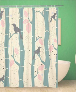 Blue Abstract Tree Pattern Big Birds and Leaves Animals Waterproof Bathroom Decor Shower Curtain