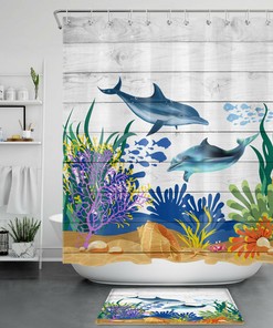 Blue Aquatic Plant Shower Curtain - Rustic Planks Bathroom Decor