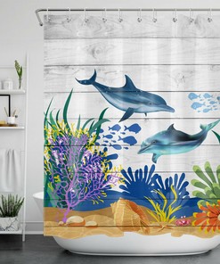 Blue Aquatic Plant Shower Curtain - Rustic Planks Bathroom Decor