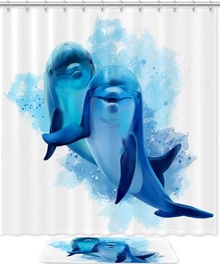 Blue Dolphins Watercolor Shower Curtain, Fabric Bathroom Curtain for Lovely and Fun Bathroom Decor