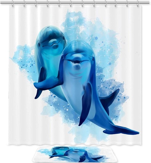 Blue Dolphins Watercolor Shower Curtain, Fabric Bathroom Curtain for Lovely and Fun Bathroom Decor