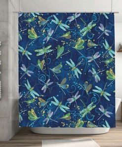 Blue Dragonfly Shower Curtain - Farmhouse Bathroom Decor with Zeraoke Fabric  