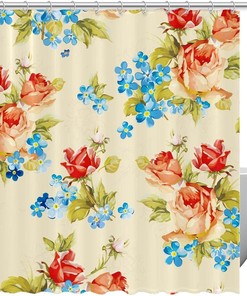 Blue Floral Shower Curtain with Watercolor Rose Design for Home Decor