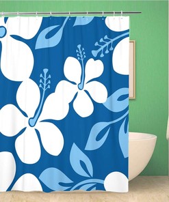 Blue Hawaii Beach Party Pattern Hawaiian Luau Flower Hibiscuses Waterproof Bathroom Decor Shower Curtain