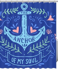 Blue Ocean Anchor Shower Curtain with Waves for Seaside Bathroom Decor 