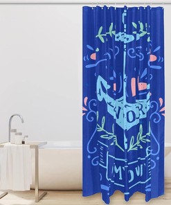 Blue Ocean Anchor Shower Curtain with Waves for Seaside Bathroom Decor