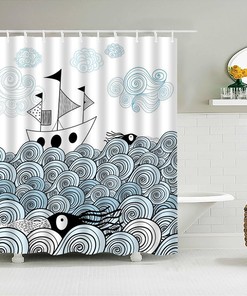 Blue Sea Beach Coastal Shower Curtain with Waves, Octopus and Ship - Beautiful Bathroom Decor