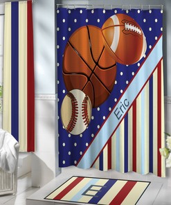 Blue Sports Shower Curtain for Kids and Teen Boys with Baseball, Basketball and Football Striped Design