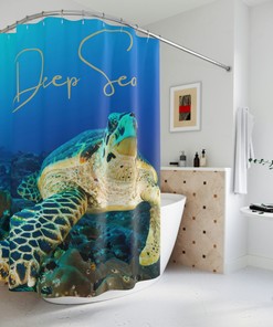 Blue and Beige Sea Turtle Map Shower Curtain for Nautical Bathroom Decor