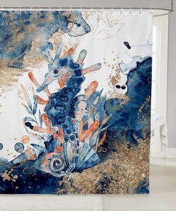Blue and Botanical Watercolor Seahorse Shower Curtain with Marble Print, Fabric Bathroom Curtain