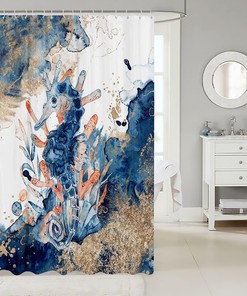 Blue and Botanical Watercolor Seahorse Shower Curtain with Marble Print, Fabric Bathroom Curtain