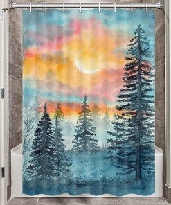 Blue and Grey Woodland Tree Watercolor Forest Shower Curtain - Bathroom Fabric Print