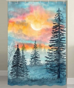 Blue and Grey Woodland Tree Watercolor Forest Shower Curtain - Bathroom Fabric Print