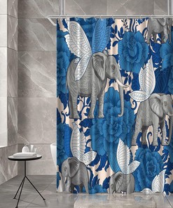 Blue and White Boho Floral Shower Curtain with Gray Elephant Print for Modern Bathroom Decor