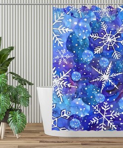 Blue and White Snowflake Fabric Shower Curtain - Farmhouse Bathroom Decor