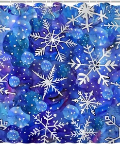 Blue and White Snowflake Fabric Shower Curtain - Farmhouse Bathroom Decor