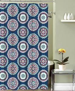Boho Box Curtain: Navy Blue Fabric Shower Curtain with Colorful Circle Ornate Medallion Design