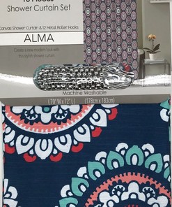 Boho Box Curtain: Navy Blue Fabric Shower Curtain with Colorful Circle Ornate Medallion Design