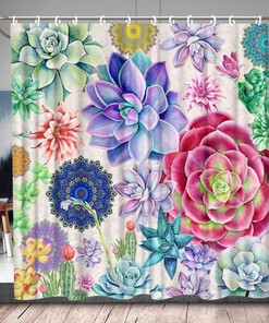 Boho Cactus Floral Fabric Shower Curtain - Colorful Bathroom Decor 