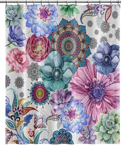 Boho Floral Shower Curtain - Colorful Mandala Flowers Succulents Plant Watercolor Bathroom Decor