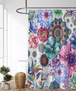 Boho Floral Shower Curtain - Colorful Mandala Flowers Succulents Plant Watercolor Bathroom Decor