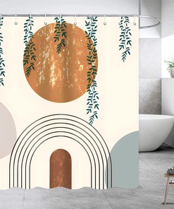Boho Geometric Shower Curtain with Green Leaf Arch and Sun Print - Modern Mid Century Fabric for Minimalist Bathroom Decor