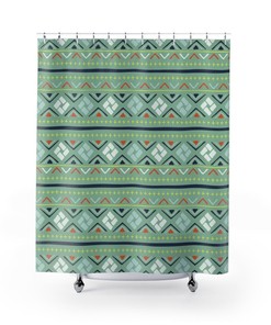 Boho Green Geometric Shapes Print Shower Curtain for Chic Bathroom Decor